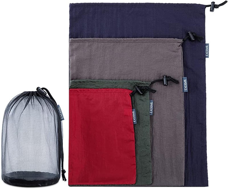 EXERMIL Nylon Stuff Sack Set 5-Piece (1.4L/2.7L/3L/7.5L/15L); Drawstring Storage Sack; Mesh Bags; Ditty Bags Small M Large XL for Organization Travel Camping Backpacking Down Jacket; Assorted Colors - Image 1